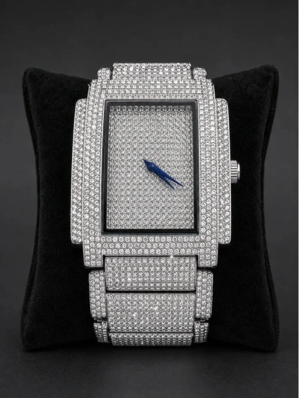 #602  42mm Iced Out Bling Chandelier Watch – Silver Tone with Blue Hands